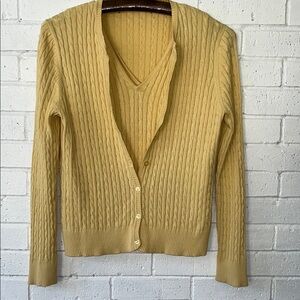 Peck & Peck Mustard Sweater Cardigan V Neck Shell Cable Knit Relaxed Fit Preppy.